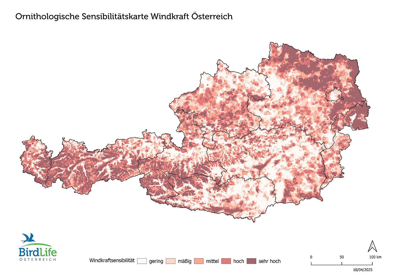 Österreichkarte mit den ornithologischen Sensibilitätszonen für Windkraftplanungen. Besonders sensibel sind die dunkelrot markierten Gebiete.