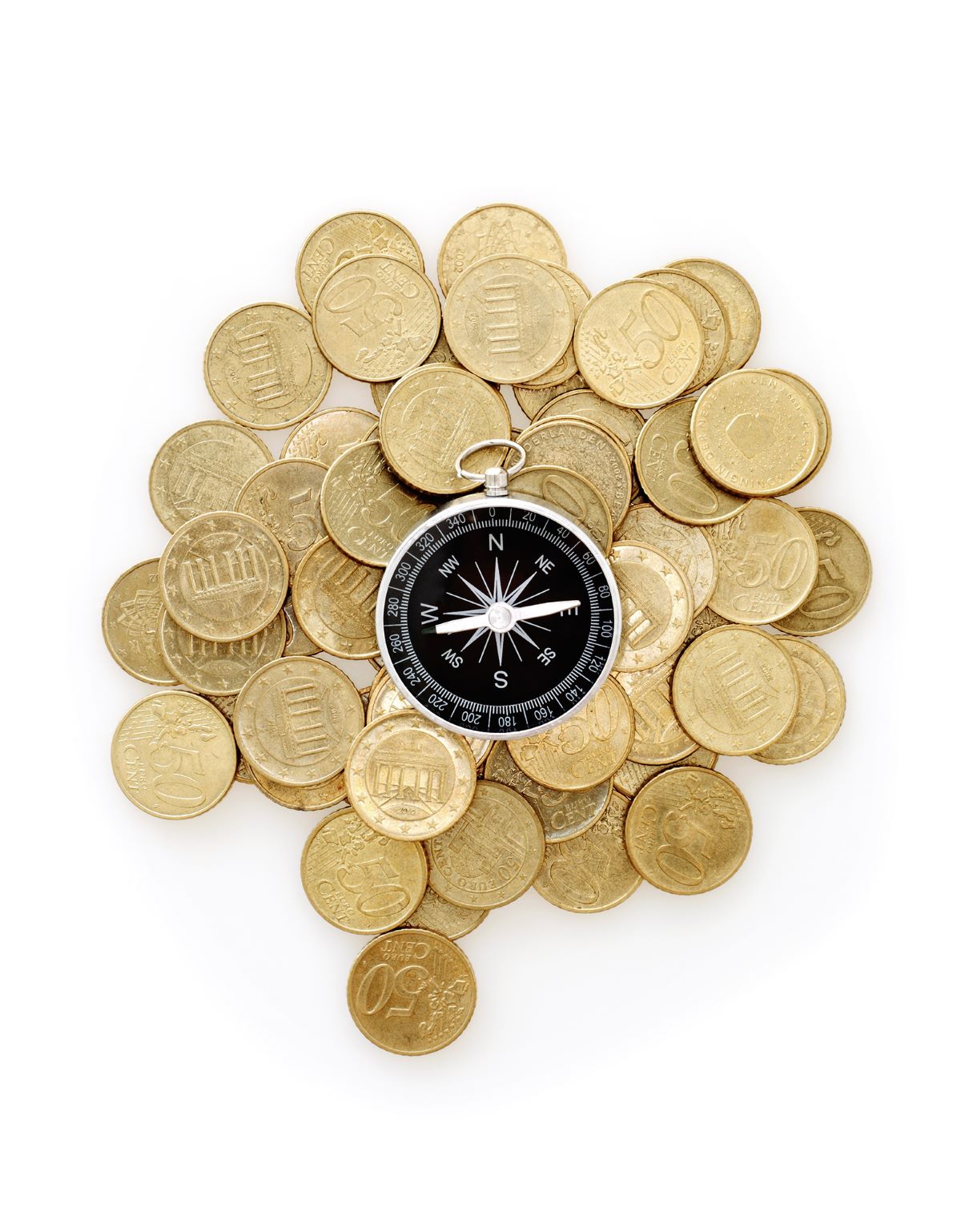 Foto Kompass liegt auf Münzen.