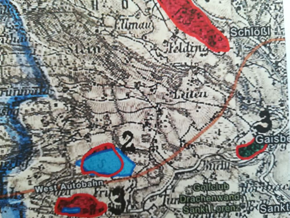 Moorschutzkatalog 1992 (blaue Polygone ) und Polygone aus dem Moorkataster 1911 (rote Polygone) im Vergleich mit dem historischen Kartenmaterial. Kartenausschnitt.